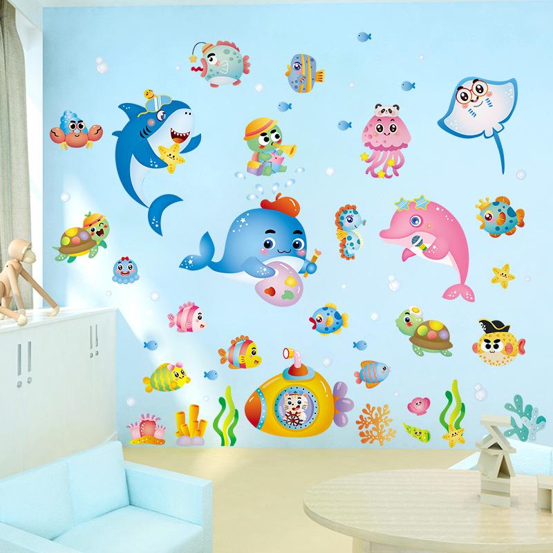 Marine animals cartoon wall sticker kindergarten children's room decoration self-adhesive underwater world