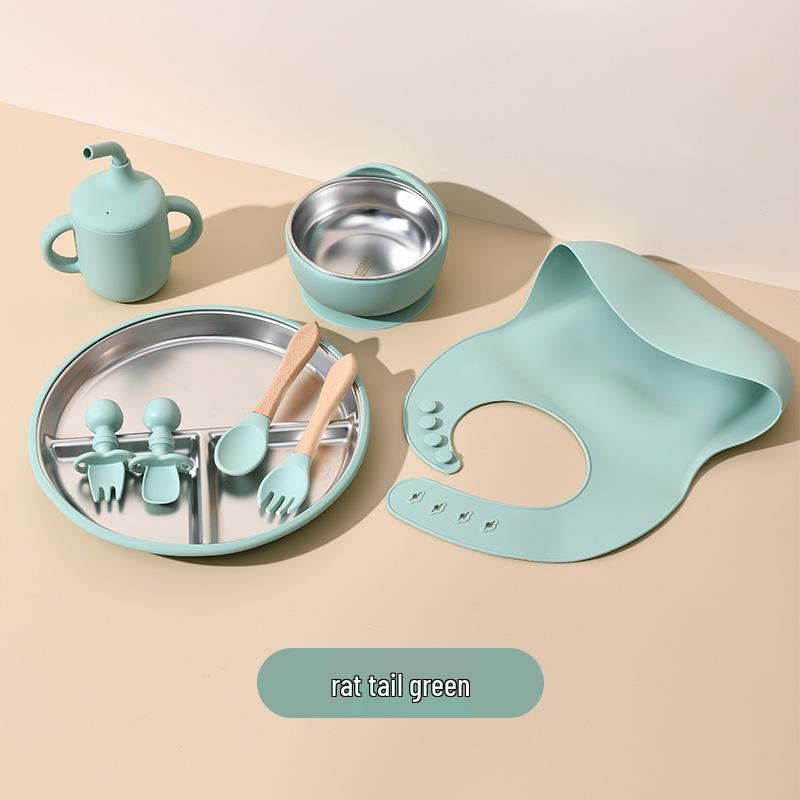 Children's Feeding Tableware Set: Stainless Steel Divided Plate with Food-Grade Silicone Suction Bowl and Spoon