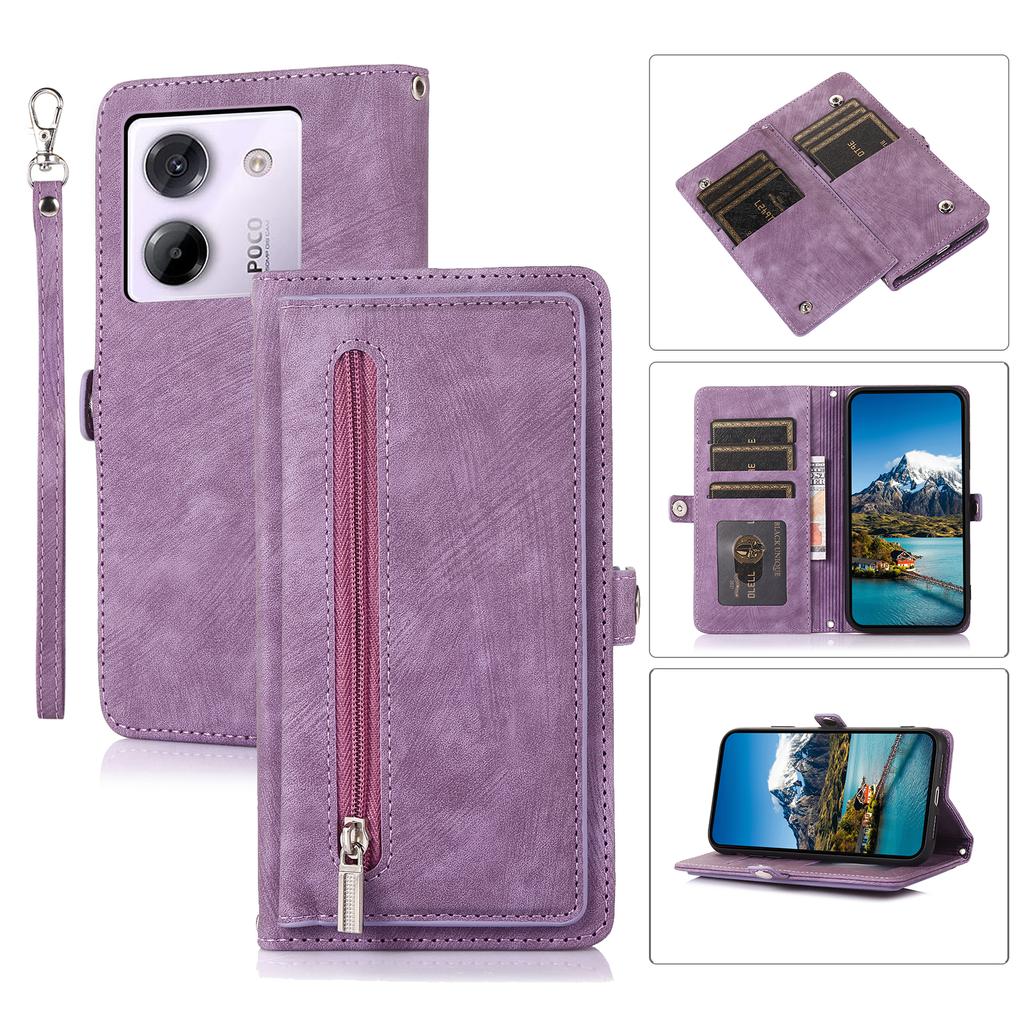 For Xiaomi Poco M7 Pro 5G Etui Glidelåslomme 9 Kortlommer PU Lær Telefondeksel med Håndleddsstropp