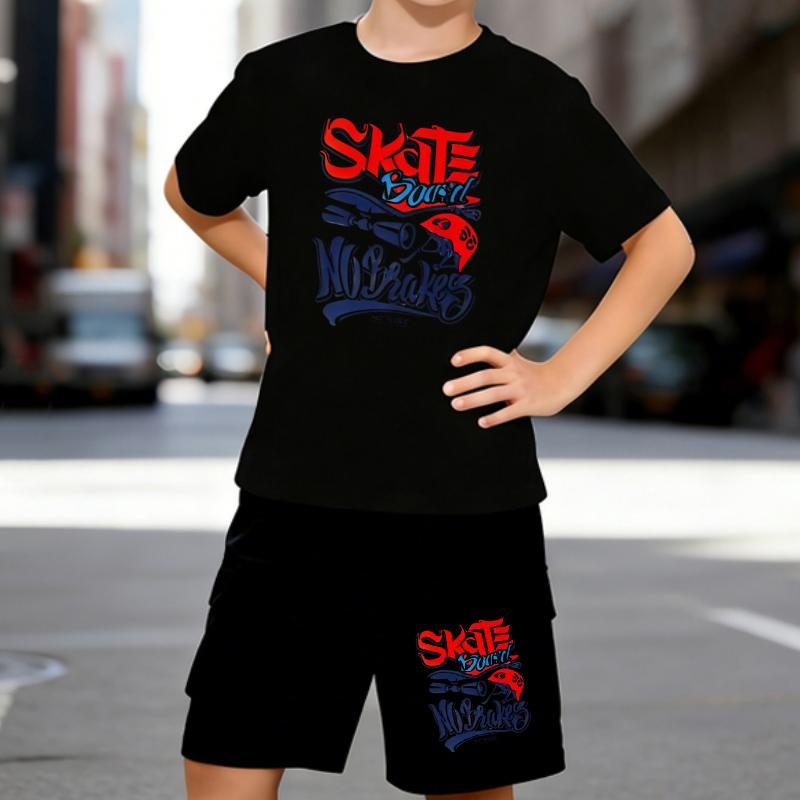 

Boys 2 Piece Skateboard-themed printed Outfit, Short Sleeve T-Shirt and Shorts Set for Kids Age 5-14,Black and White Sporty Casual Summer Clothes 5-6 Years чёрный