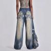 Retro Wing Print Rivet Wide-Leg Jeans