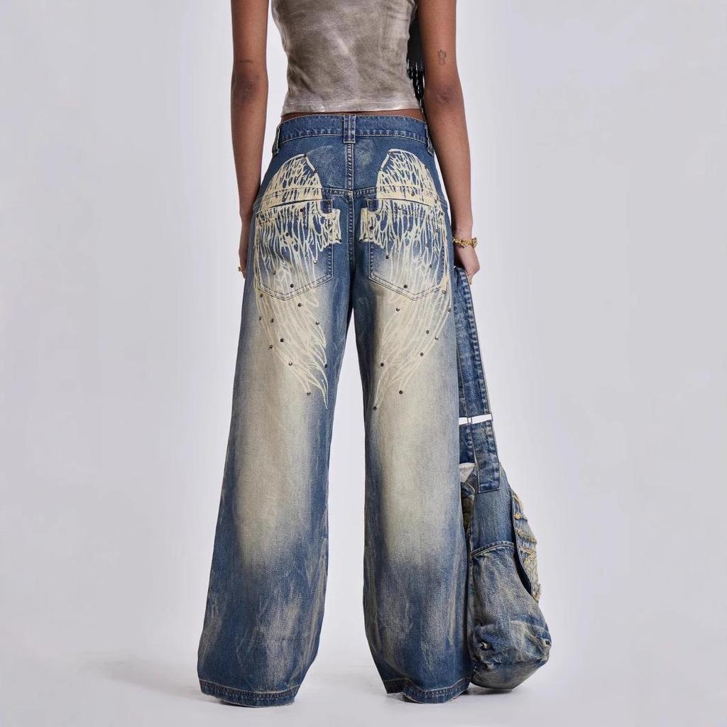 Retro Wing Print Rivet Wide-Leg Jeans