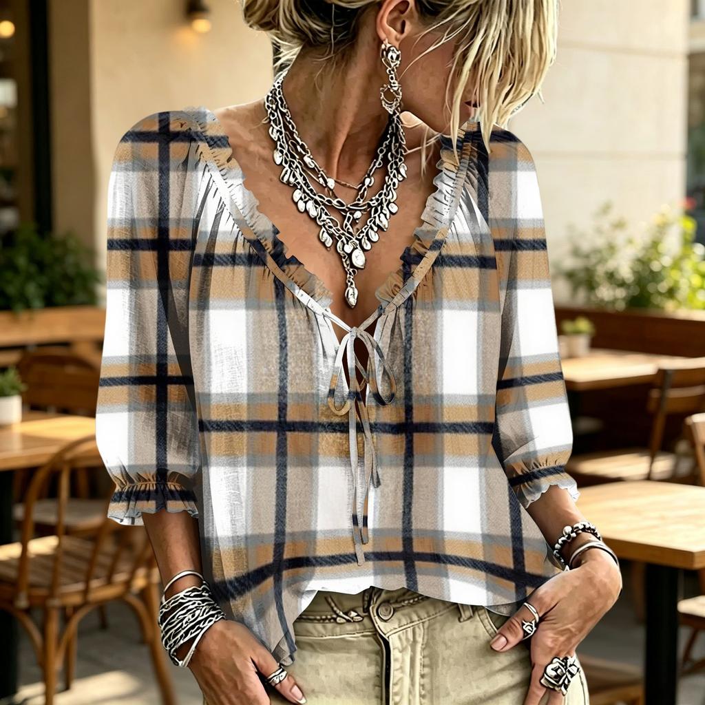 Women's Plaid Print V-Neck Blouse with Ruffle Trim, Tie Front and for Casual Wear