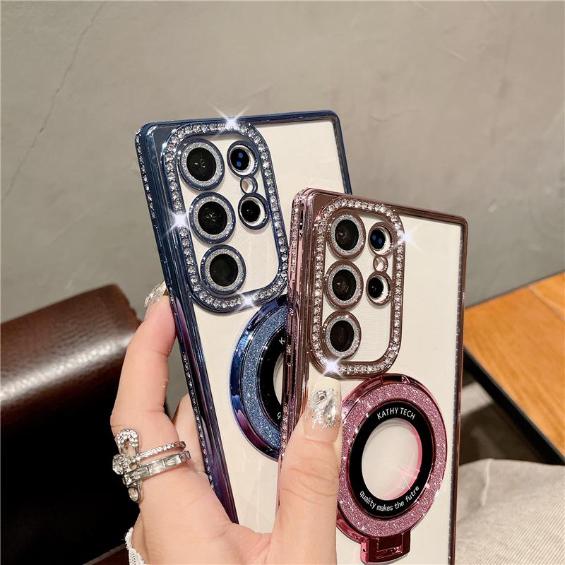 For Samsung Galaxy S25Ultra Luxury Flash Diamond Plating Frame Glitter Stand Holder Phone Case For Samsung S22 S23 S24Plus Cover