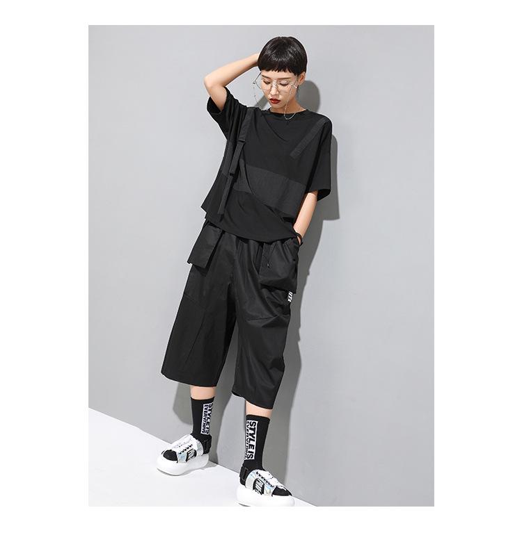 Evropské a americké dámské letní gotické patchworkové tričko, kulatý výstřih, krátký rukáv, trendy BF styl streetwear.