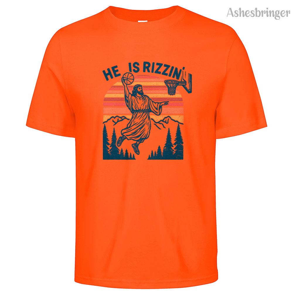 Mens Cotton He Is Rizzin Graphic Easter Jesus Christian Basketball T Shirt Street Casual Style Tee for Men and Women
