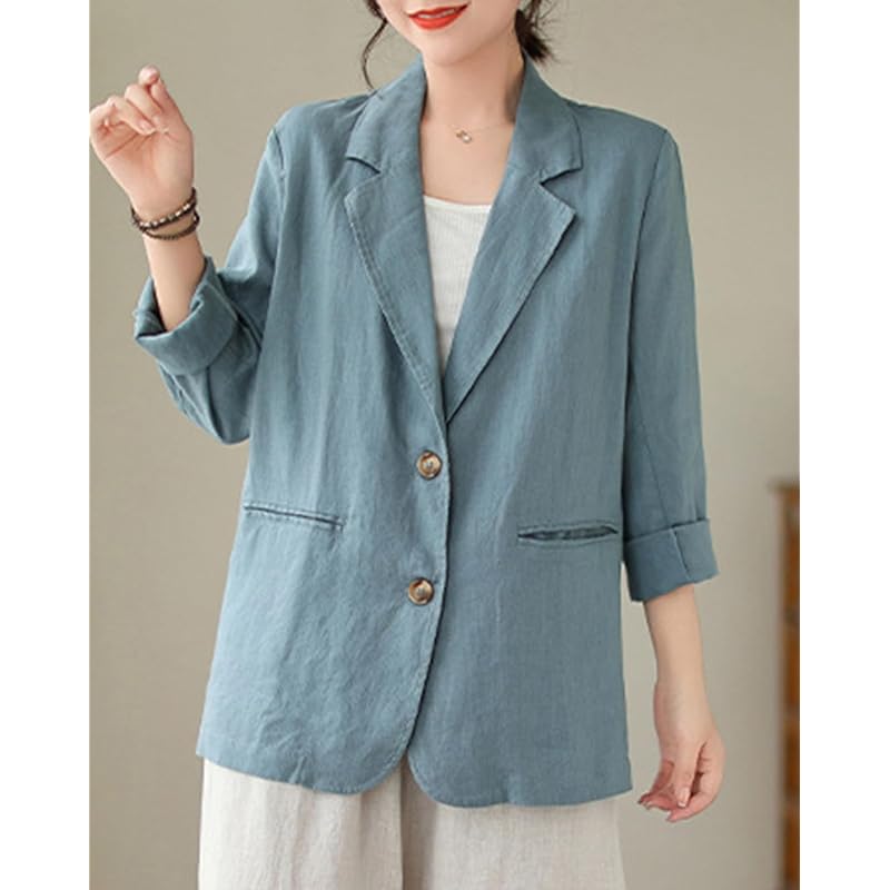 [JHIJSC] ladies jacket spring formal tailored jacket cotton linen Thin Fashionable big size (JP, alphabet, XL, blue)