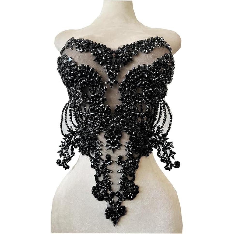 Handmade red/Blue/Gold/Green Rhinestones Lace Bodice Applique Sewing Beads Crystal Trim Patches Accessory for Dress Clothes (Light Champagne)