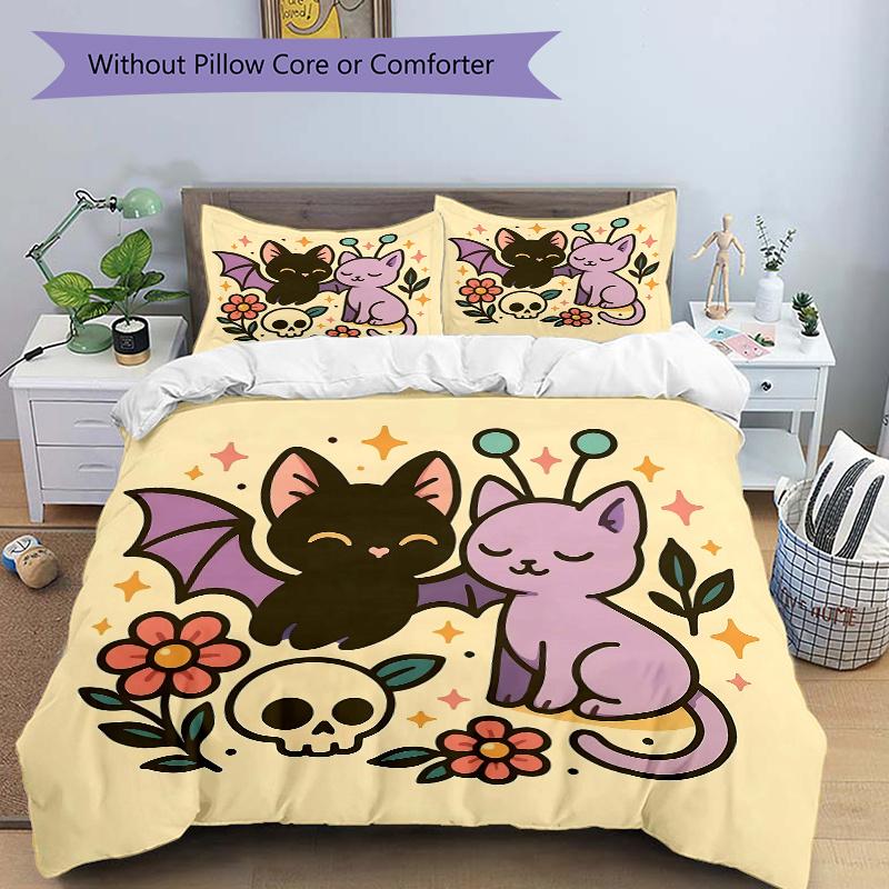 

3pcs Bat and Cat Cute Cartoon Design Bedding Set - 1 Soft Quilt Cover + 2 Pillowcases, Machine Washable - Suitable for All Seasons, Perfect Gift 135x200cm