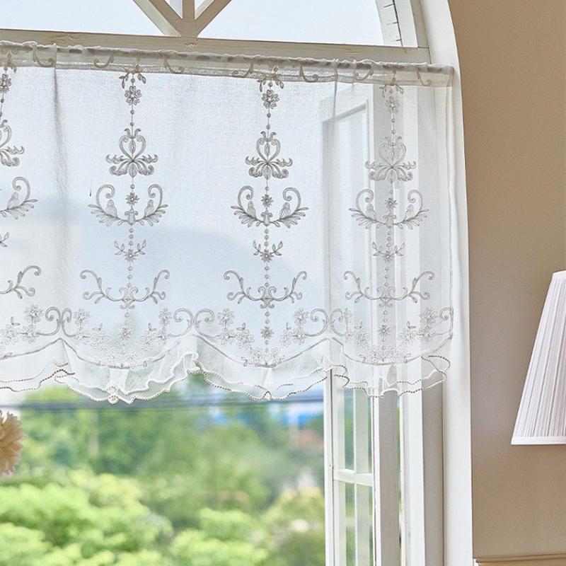 French Style Ruffled Lace Short Curtains Luxurious Embroidered Chiffon Fabric Curtains No Drilling Required Suitable for Home Doors Windows, and Cafes