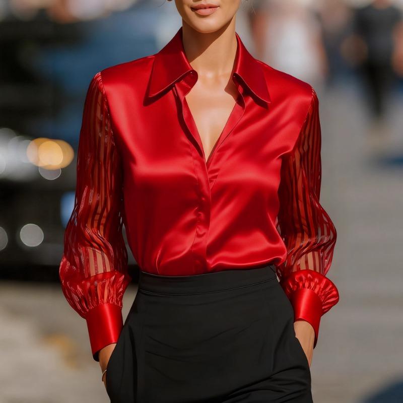 2026 New Elegant Mesh Patchwork Long Sleeve Office Shirt Spring Autumn Loose Casual Women Satin Blouse Fashion Lapel Solid Color Tops Clothes