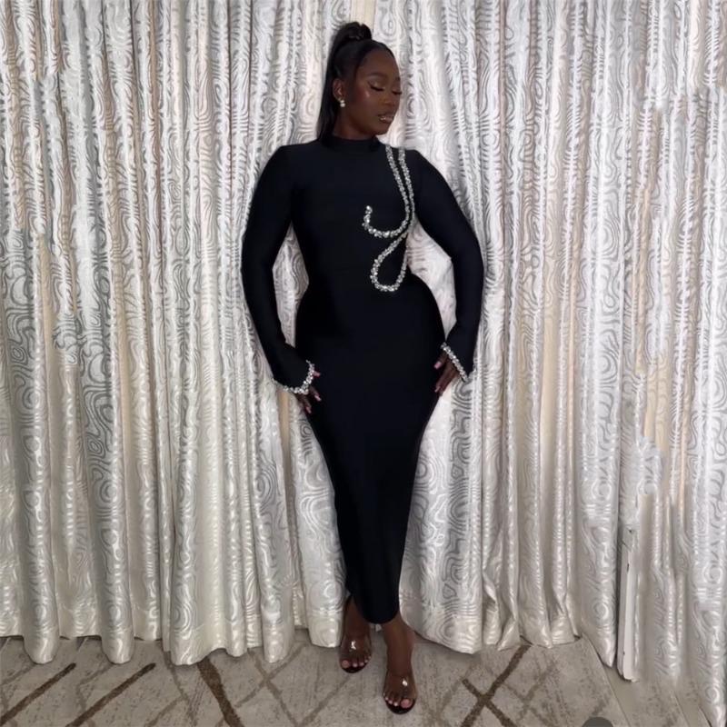 

Осенне-зимнее платье-бандаж с длинным рукавом и воротником-гольф, украшенное стразами, модное облегающее платье для вечеринки S чёрный