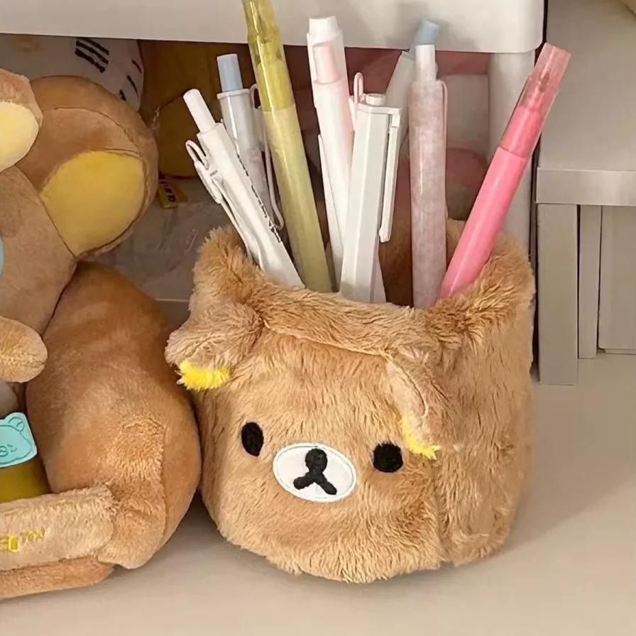 Plush Rilakkuma Storage Box Cute Aesthetic Desktop Pen Holder Stationery Sundries Organizer For Students Home Desktop Decoration