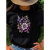 European Sizes Women's Black Short Sleeve T-Shirt with Purple Rose & Butterfly Print - Soft Breathable H-Line Crew Neck Top