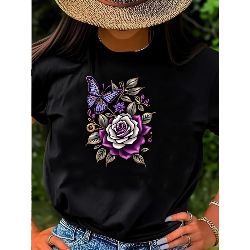 

European sizes Women s Black Short Sleeve T-Shirt with Purple Rose & butterfly print - Soft Breathable H-Line Crew Neck Top 4XL чорний