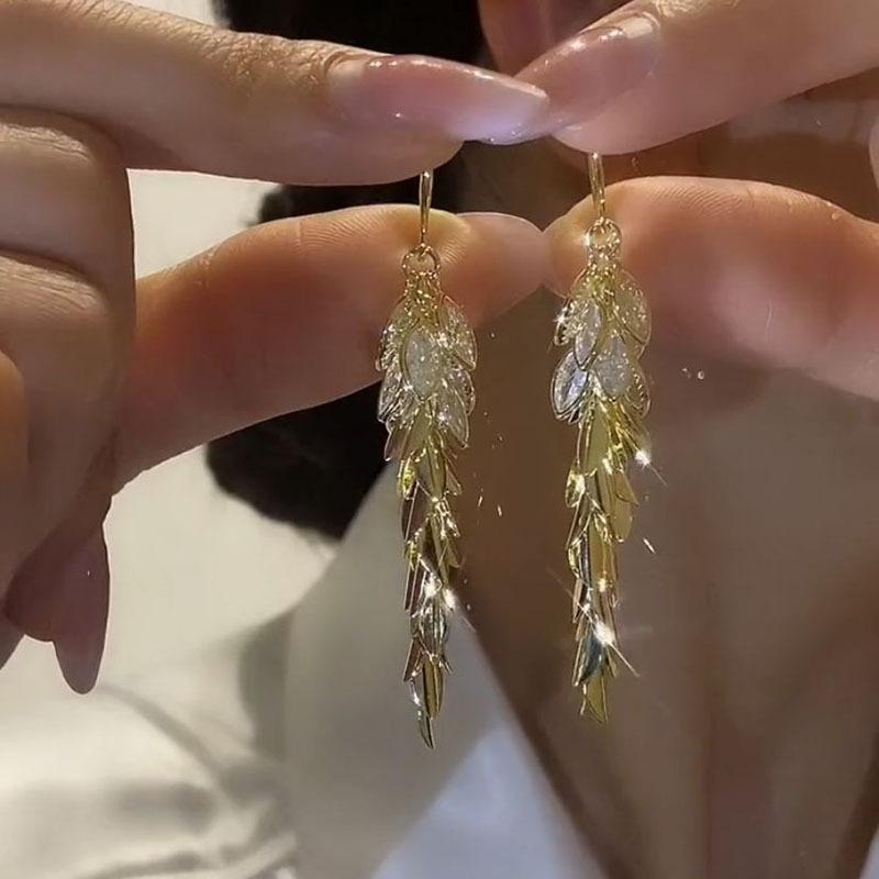 Earrings with Delicate Temperament, Light Luxury, High-end Feel, Wheat Ear Rings with Niche Design, Long Tassel Leaf Earrings, Ear Hooks