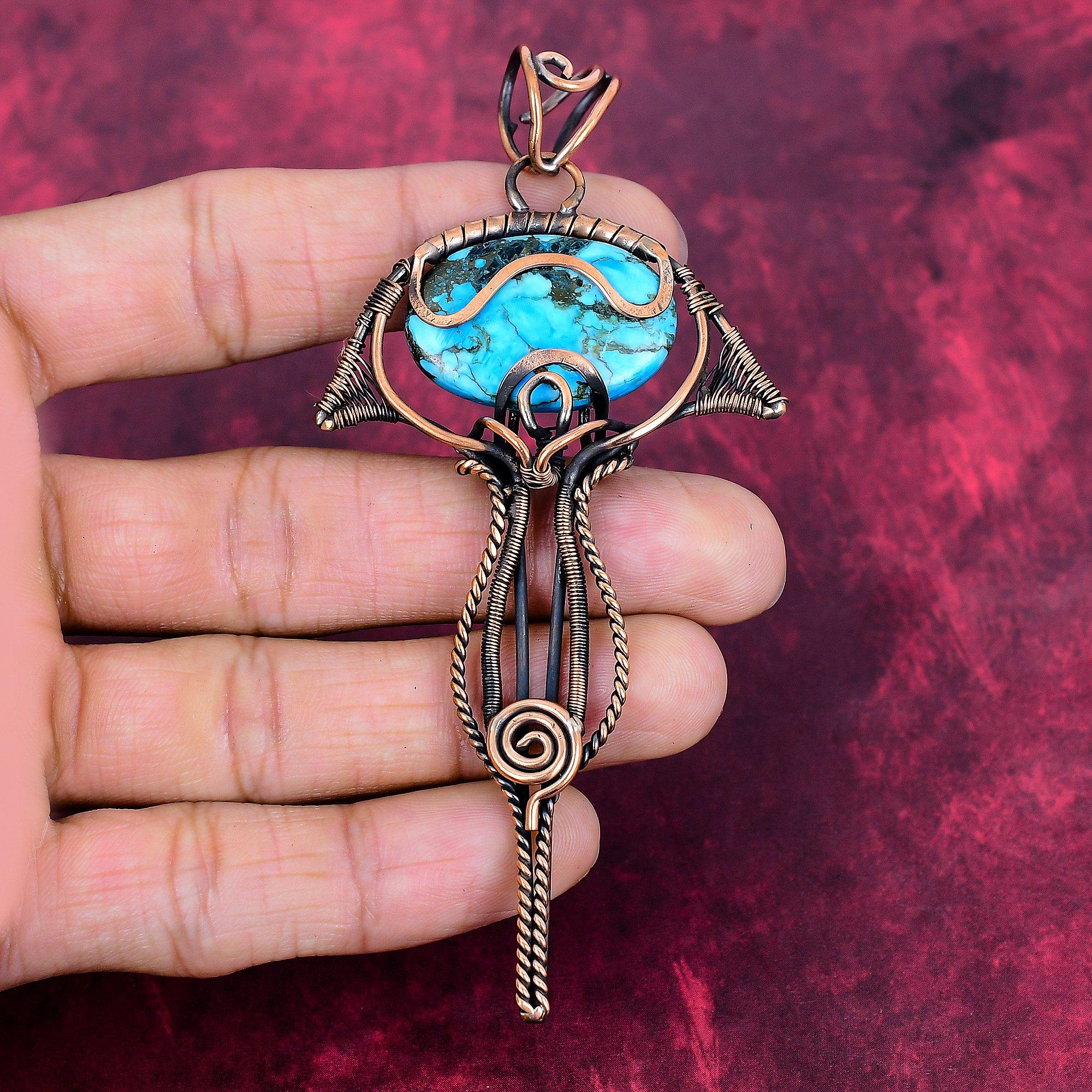 Tibetan Turquoise Pendant Handmade Gemstone Jewelry Copper Wire Wrapped Pendant
