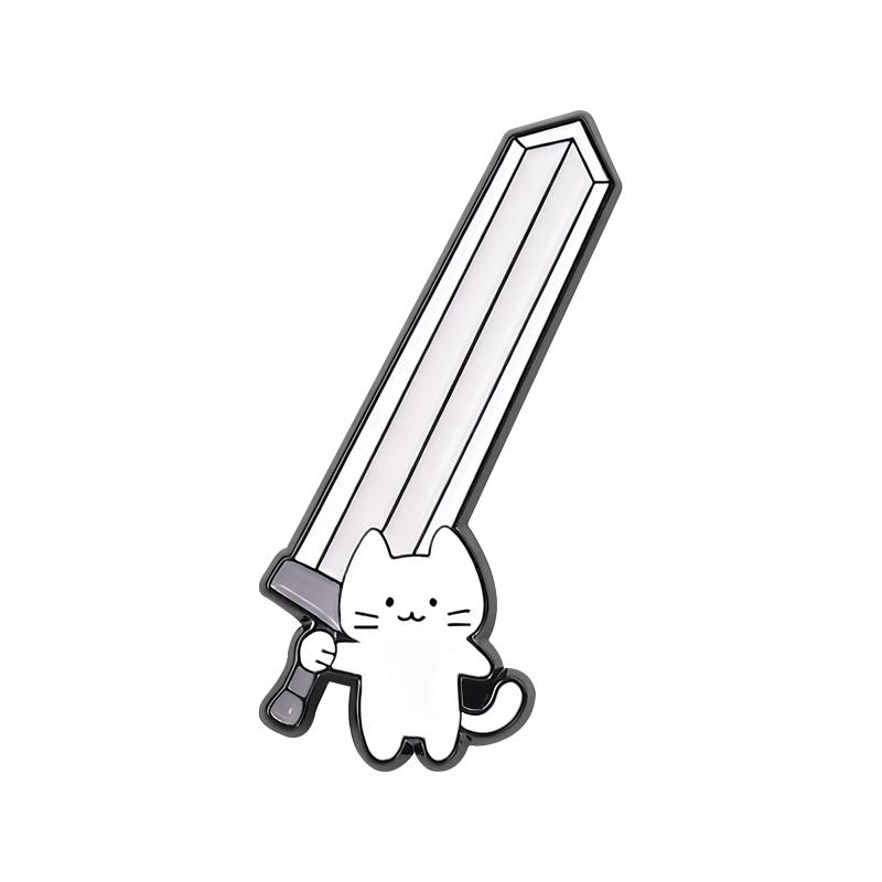 Sword Cat Enamel Pins Cartoon Cute White Kitten Knife Brooches Lapel Badges Funny Animal Jewelry Gift for Friends