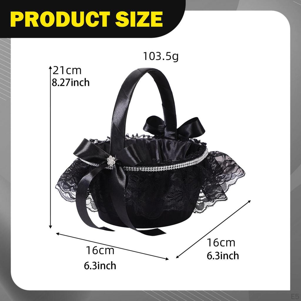 Bröllopsblomsterflickekorg Svart Tyg och Spets Lättviktig Brudaccessoar Förvaring Elegant