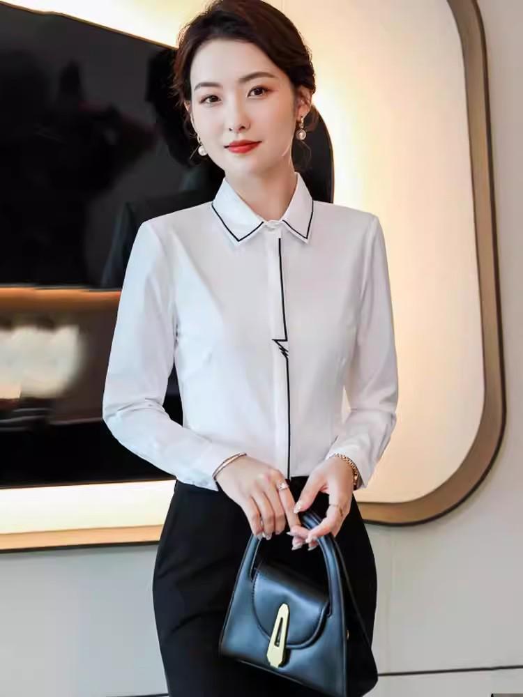 Women's Slim-Fit White Long-Sleeve Square Neck Professional Work Shirt - 2026 Spring/Summer Collection