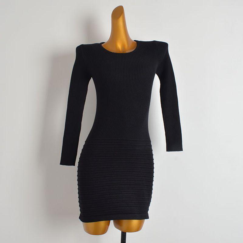 

Spring & Fall New Arrival Pure Color round Neck Long Sleeves Knitting Dress Women s Clothing Silm Slim Looking Mid Length Long Length Hip Skirt Black One size