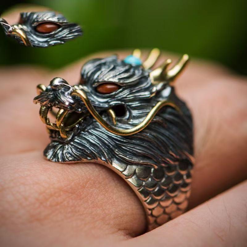 Adjustable Silver Dragon Head Ring: Unisex Open Index Finger Design, Retro Couple Style, Trendy Chinese Aesthetic.