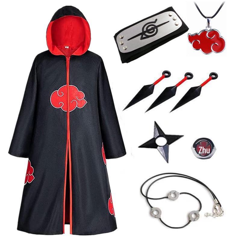 Set pláště Akatsuki s červenými mraky: Obsahuje plášť Naruto, prsten, doplňky čelenky - Ideální pro halloweenský kostým