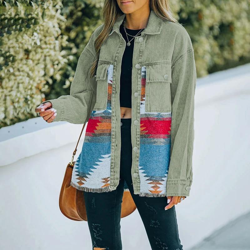 DamenHerbst Denim Patchwork Wollmantel Retro Pelzige Midilänge Jacke Damen Jeansjacke Damen