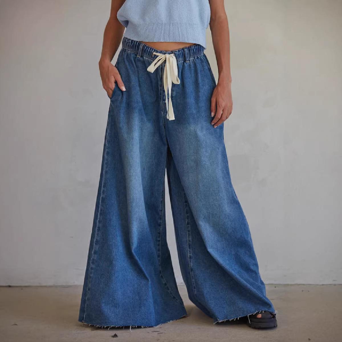 Women s Elastic Drawstring High Waist Loose Wide Leg Raw Hem Denim Palazzo Pants S