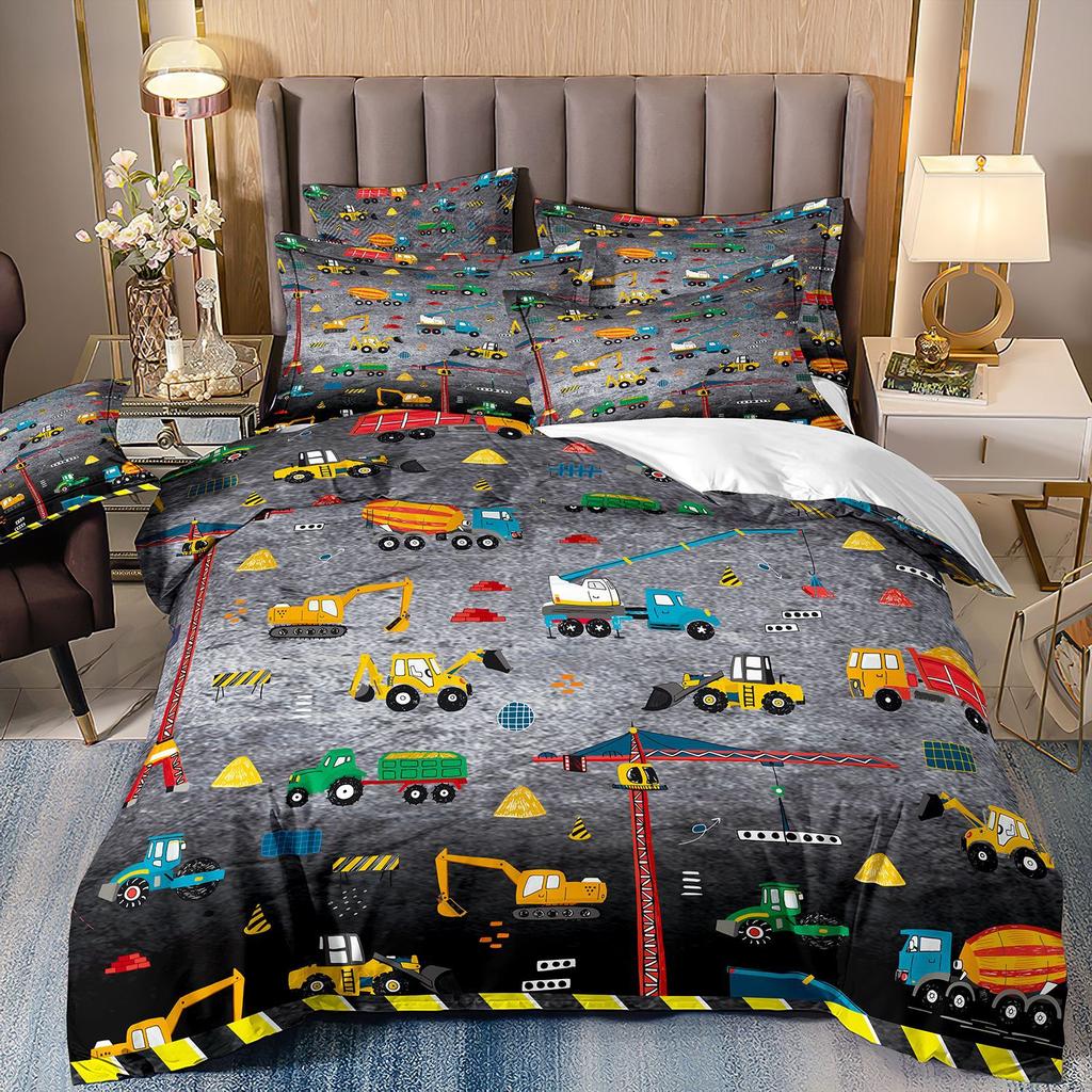 Construction Vehicle Excavator Truck Fire Truck 3D Digital Printing Bed Three-Piece Quilt Kit