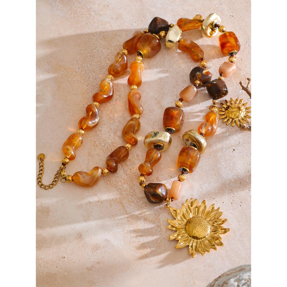 Eetit 76+6cm Acrylic Plastic Beads Chain Sunflower Pendant Long Necklace Stainless Steel Handmade Charm Jewelry Wholesale 2025