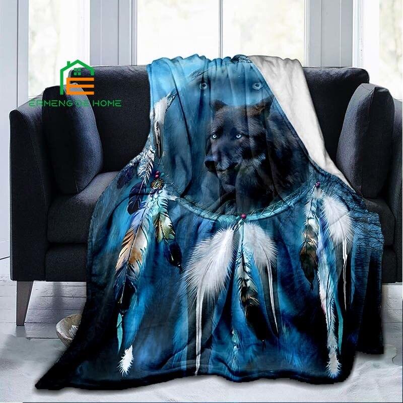 Dreamcatcher Wolf Flannel Throw Blanket Warm Blanket for Home, Picnic, Travel, Plane, Office and For Adult, Kid, Elderly 5 Sizes