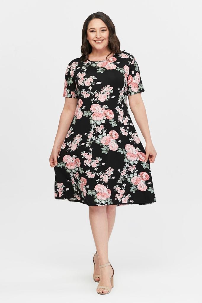 Women's Big Size Dress Floral Patterned Viscose Basic Short Sleeve Dress