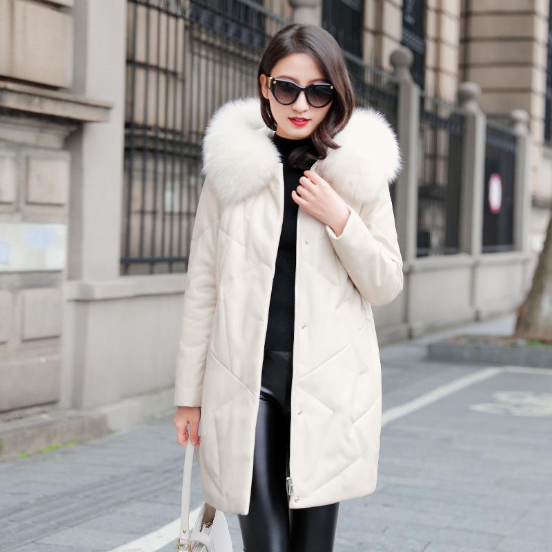 Women's Mid-Length 2025 Winter Sheepskin Down Jacket with Genuine Leather and Fox Fur Hood Collar