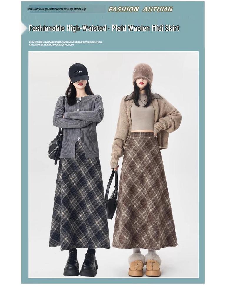 Women's Plaid A-line Skirt: Mid-Length, Thickened for Autumn/Winter 2025, Slimming Fit.