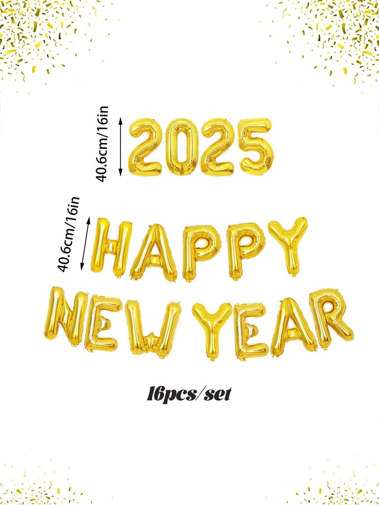 16pcs/set-16 Inch 2025 Happy New Year Aluminum Foil Balloon Set, New Year Holiday Decoration, Christmas Theme Party Decoration,