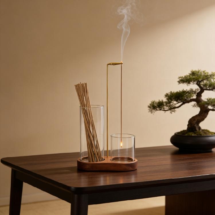 2 In 1 Incenses Stick Holder Resist Ashes Flying Insences Stick Burners Stand with Glass Cup Wooden Base For Meditations