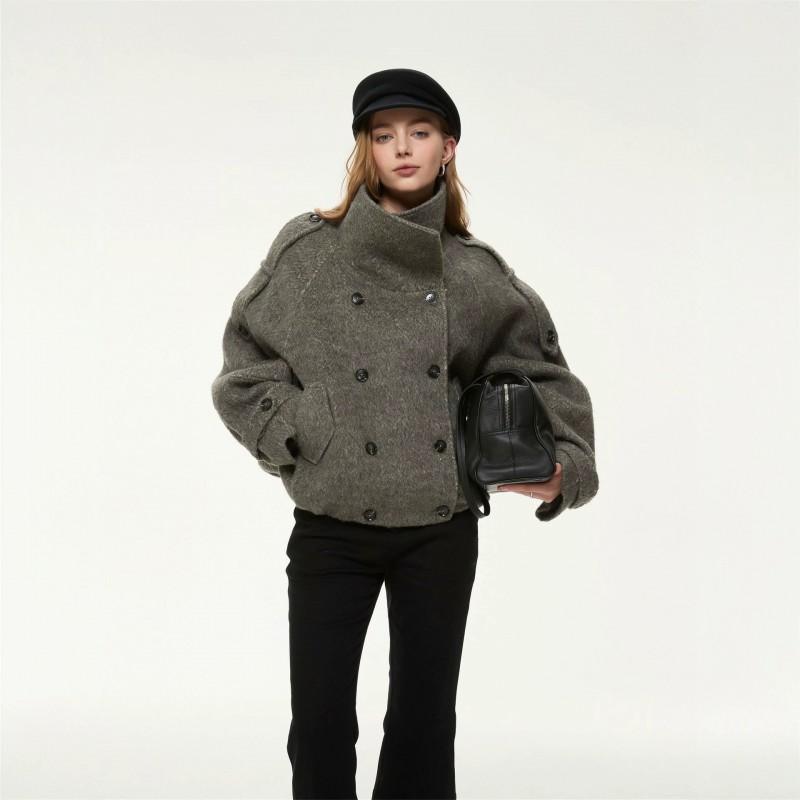 2026 Winter Womens Relaxed Fit Double-Breasted Wool Blend Coat Casual Stand Collar Outerwear Daily Wear
