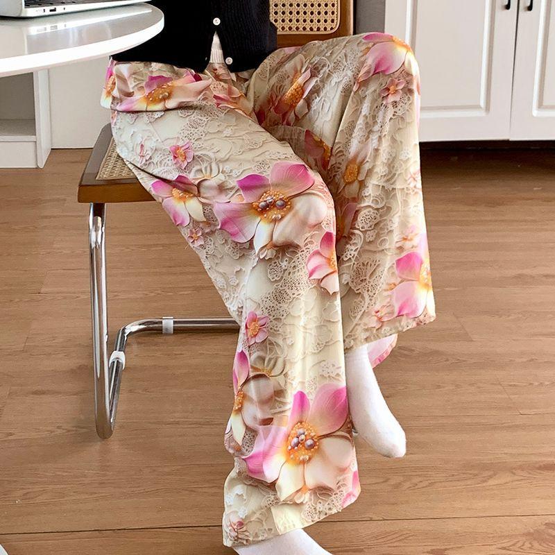 Summer Women's Cotton Rayon Loose Fit Soft Homewear Ankle-Length Wide Leg Floral Printed Lounge Pants