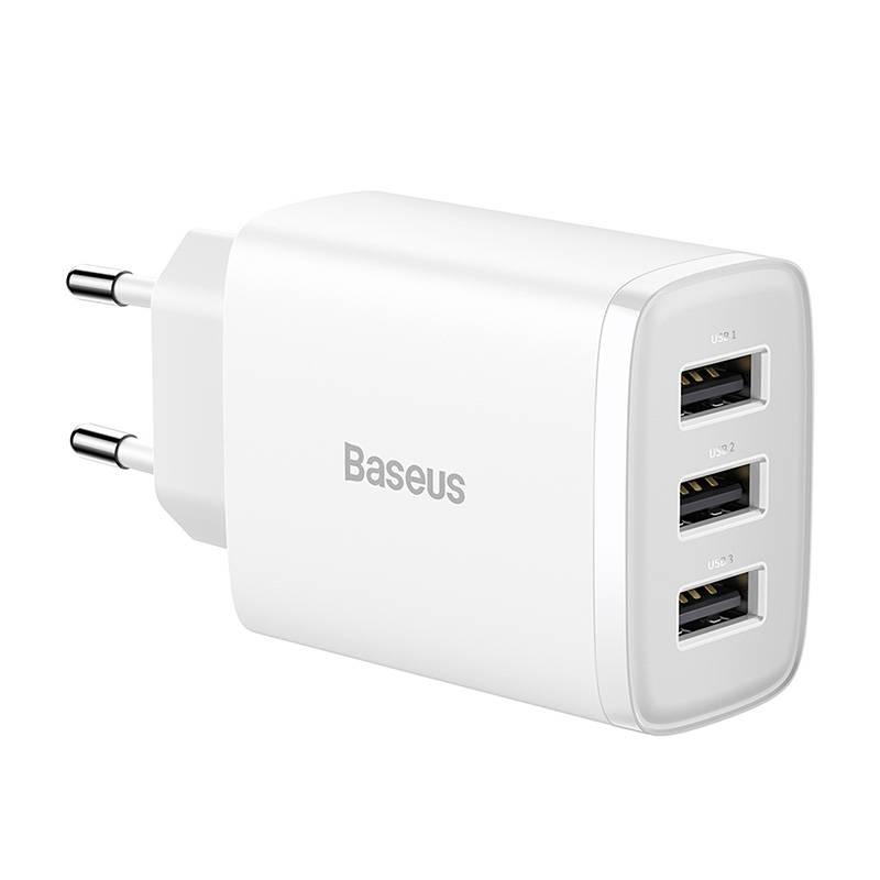 Baseus Compact Quick Charger Network Charger, 3X USB, 17W (White)