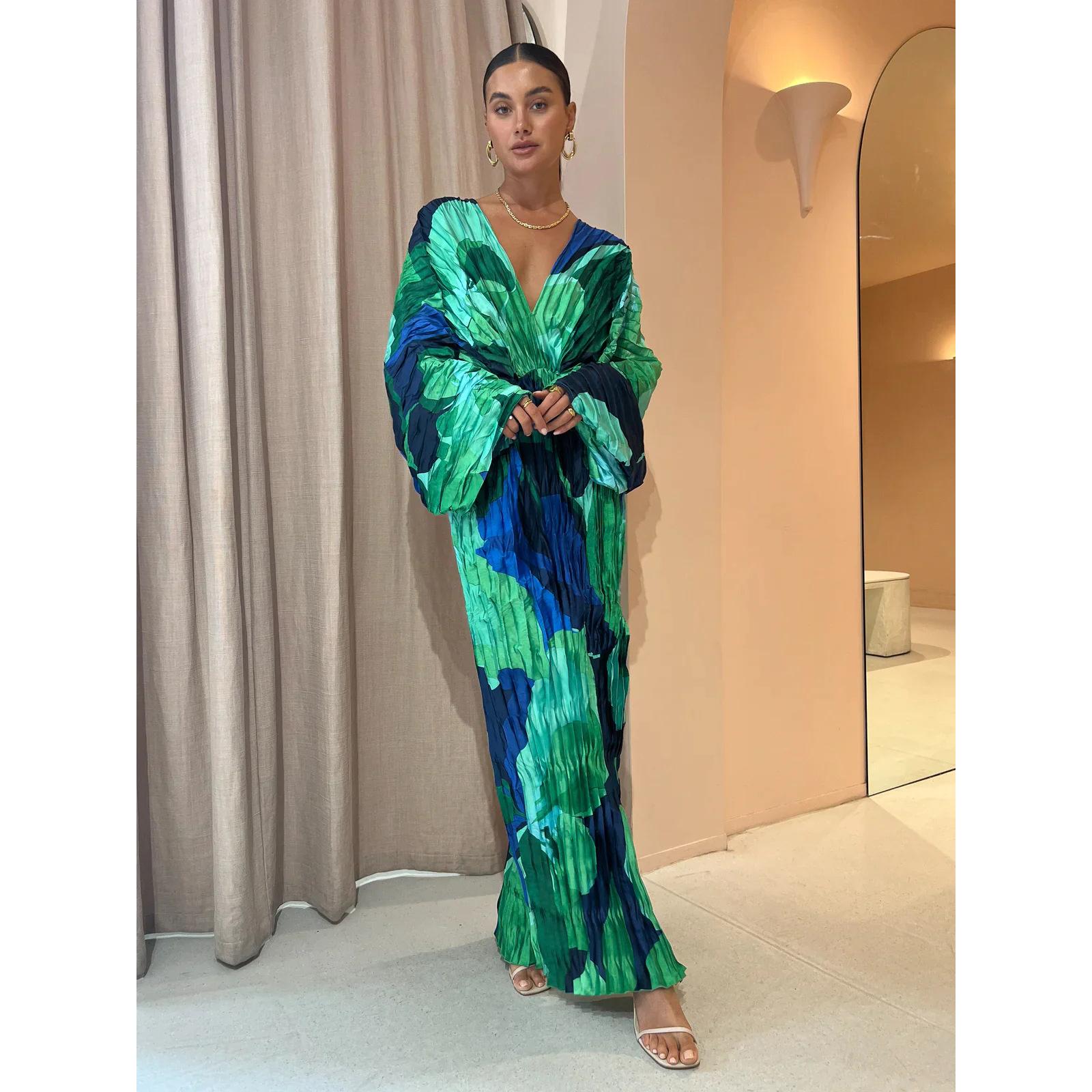 

GMXIA Женская мода весна-осень с принтом, длинным рукавом, V-образным вырезом, высокой талией, повседневные платья XL зелёный