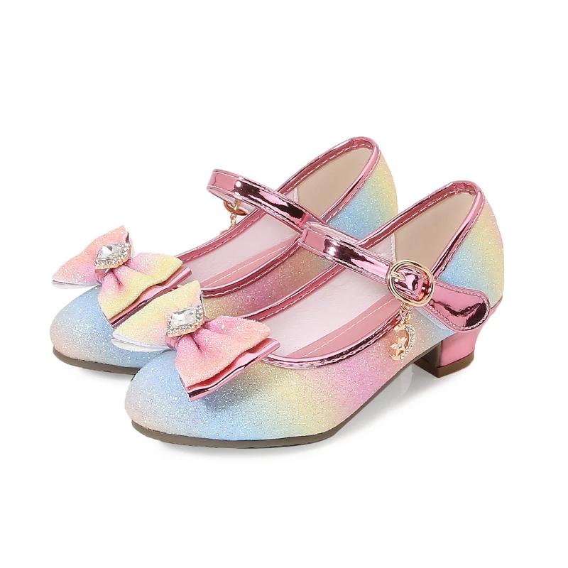 Fairy Kids Leather Shoe Bowtie Elegant Girl Princess Shoes Fashion Sequins Children's Causal Wedding Party High Heel Shoes New