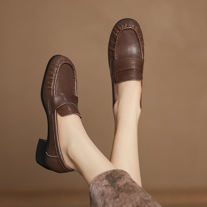 

Мода 2025 НОВЫЕ Осенние Женские Лоферы Натуральная Кожа Круглый Носок Массивный Каблук Женские Туфли Ретро Черные Женские Туфли Обувь Ручной Работы 38 коричневый