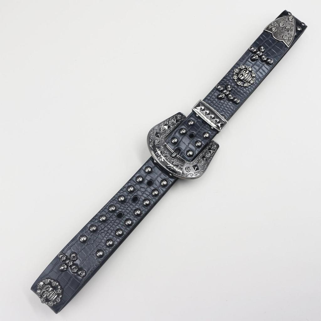 Crocodile Pattern Western Rivet Skull Punk Leather Belt, Unisex Y2K Style