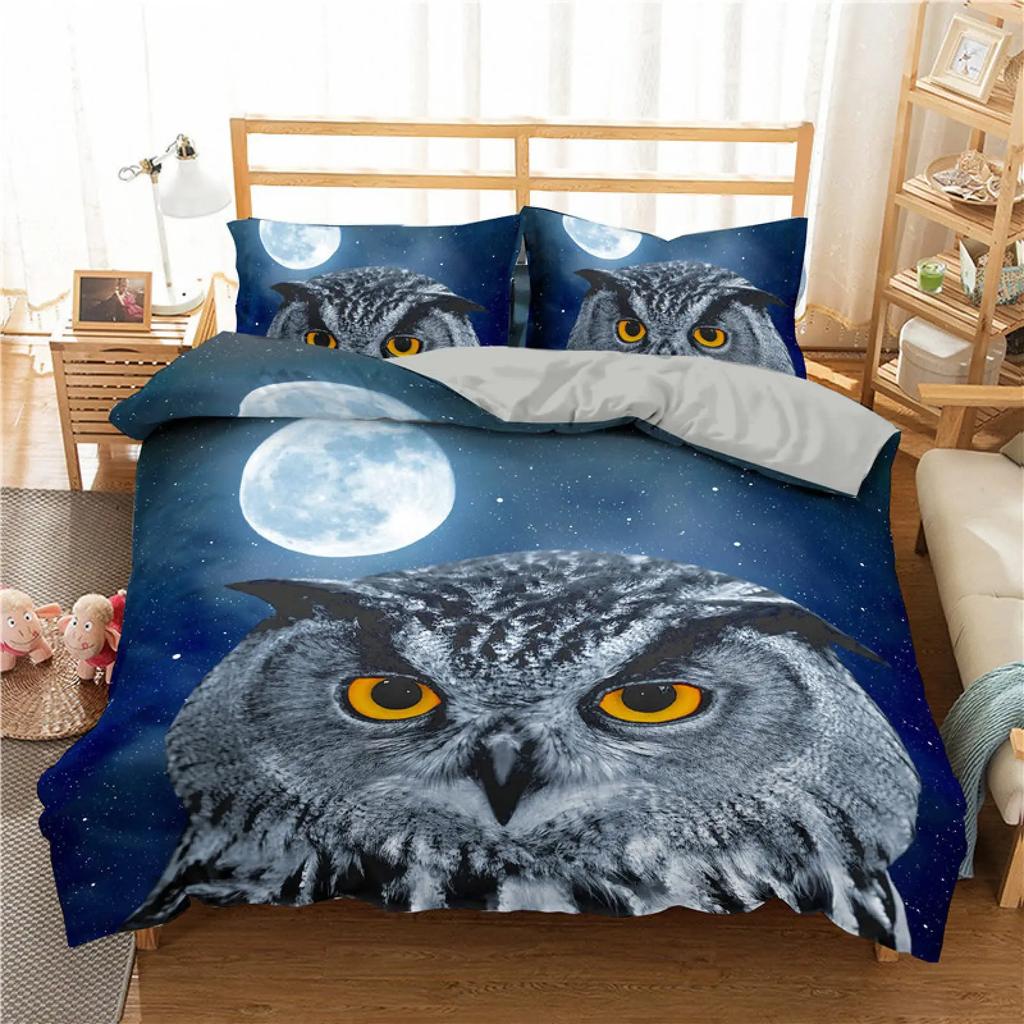 Owl King Queen Duvet Cover Adorable Funny Cartoon Animal Bedding Set for Kids Boy Colorful Wildlife 2/3pcs Polyester Quilt Cover
