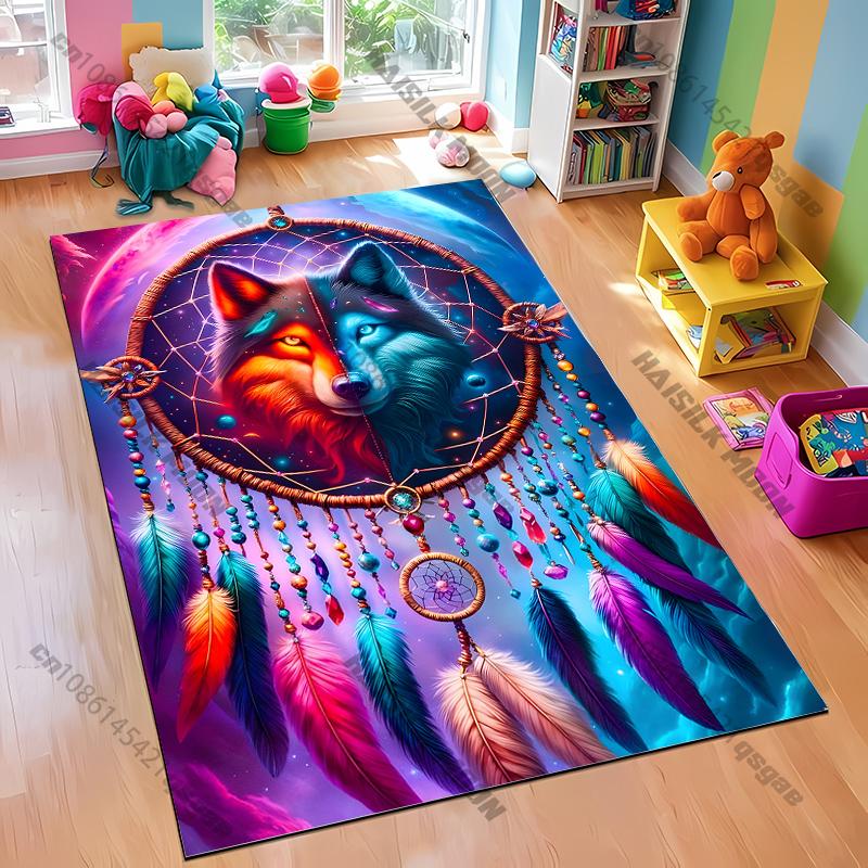 Colorful Dreamcatcher Rug with Wolf and Flowers carpet for home sofa bedroom, gift