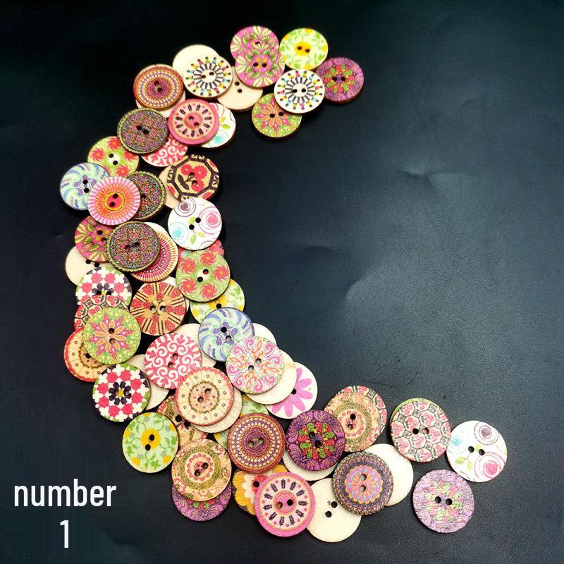 Retro Wooden Buttons for DIY & Toddler Crafts, Double Hole, 100 Pack, Colorful Print