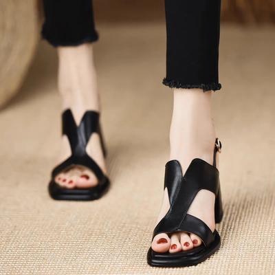 Chaussures féminines mode femme noir confort printemps & été bout ouvert talon carré chaussures dame sandales décontractées ab696
