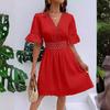 Women's summer new splicing lace fashion V-neck waist solid color dress