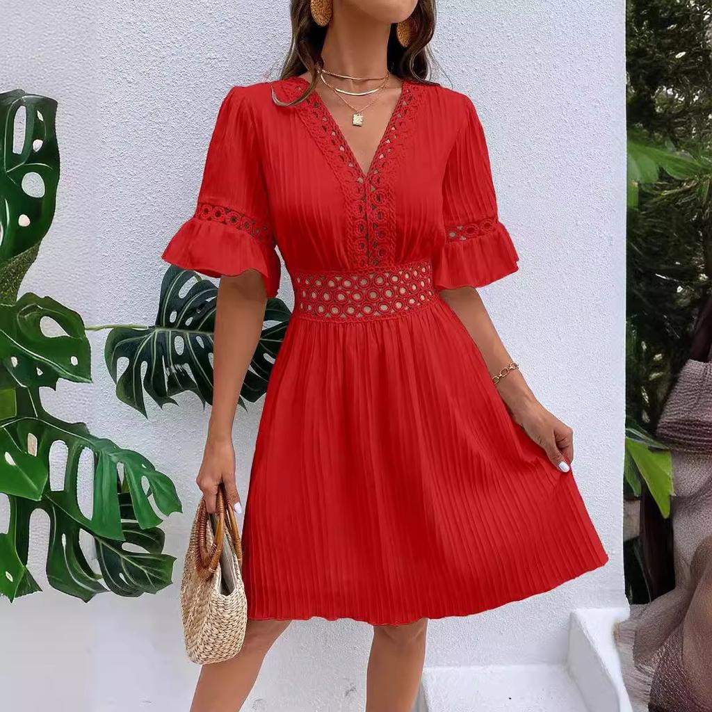 Women's summer new splicing lace fashion V-neck waist solid color dress
